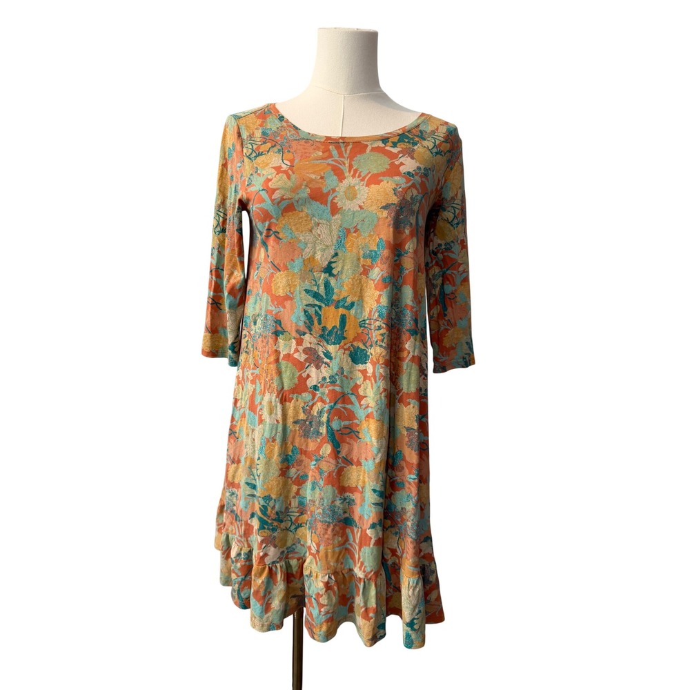 Peruvian Connection Pima Cotton Floral Ruffle Hem Dress Boho Minimalist Size XL